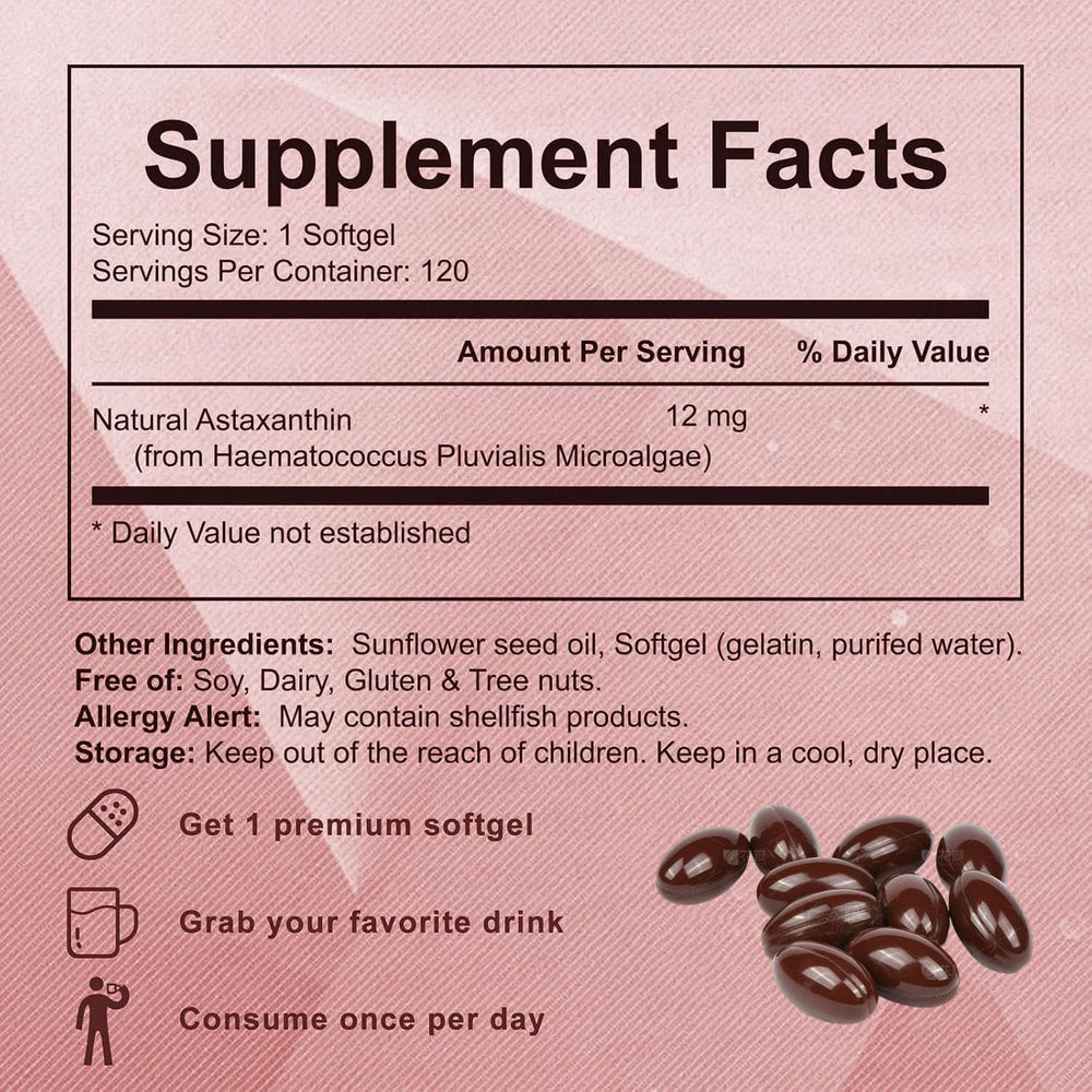 Yoqpoe Astaxanthin 12mg health scene emphasizing eye and skin benefits.