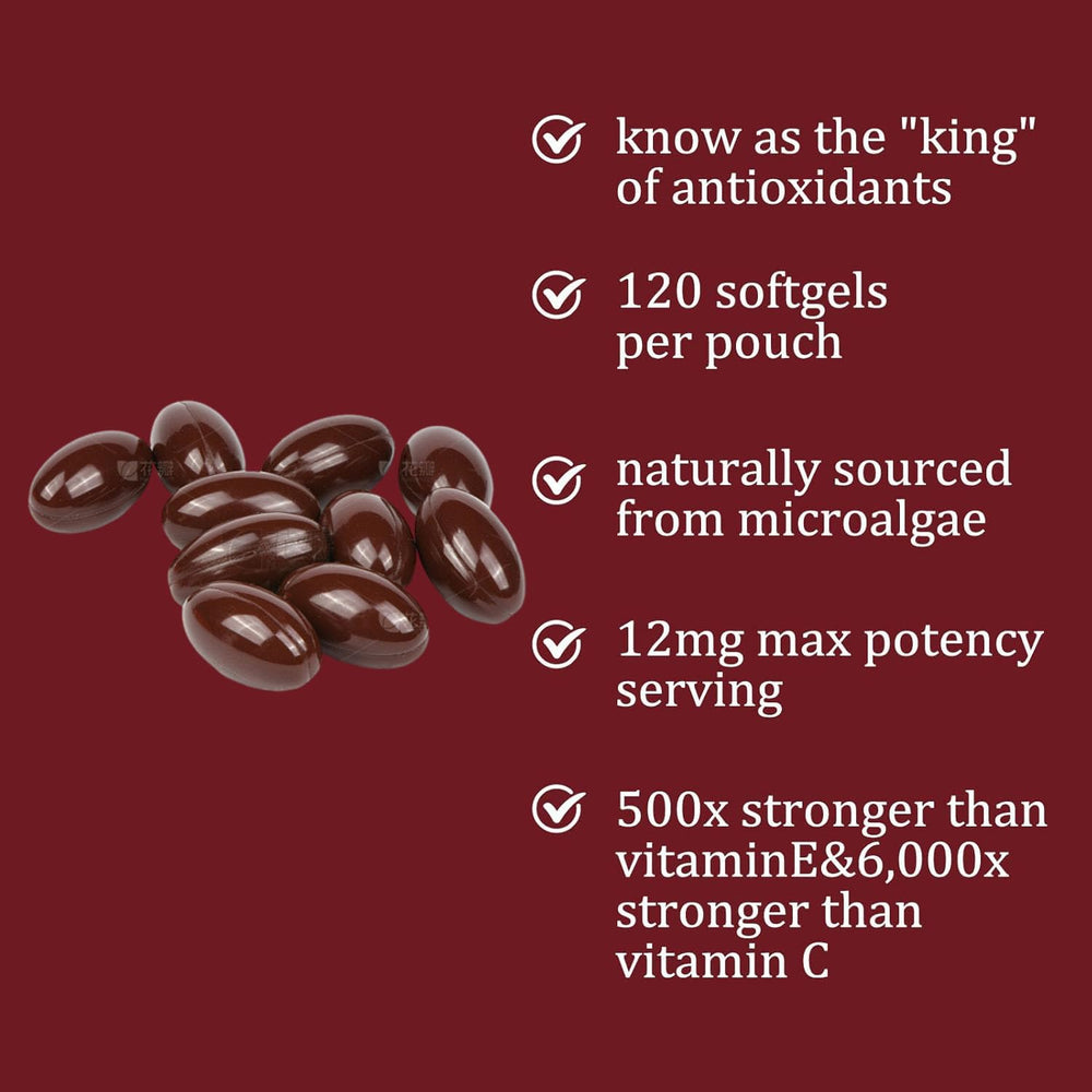 Yoqpoe Astaxanthin 12mg nutrition chart with dosage and uses.