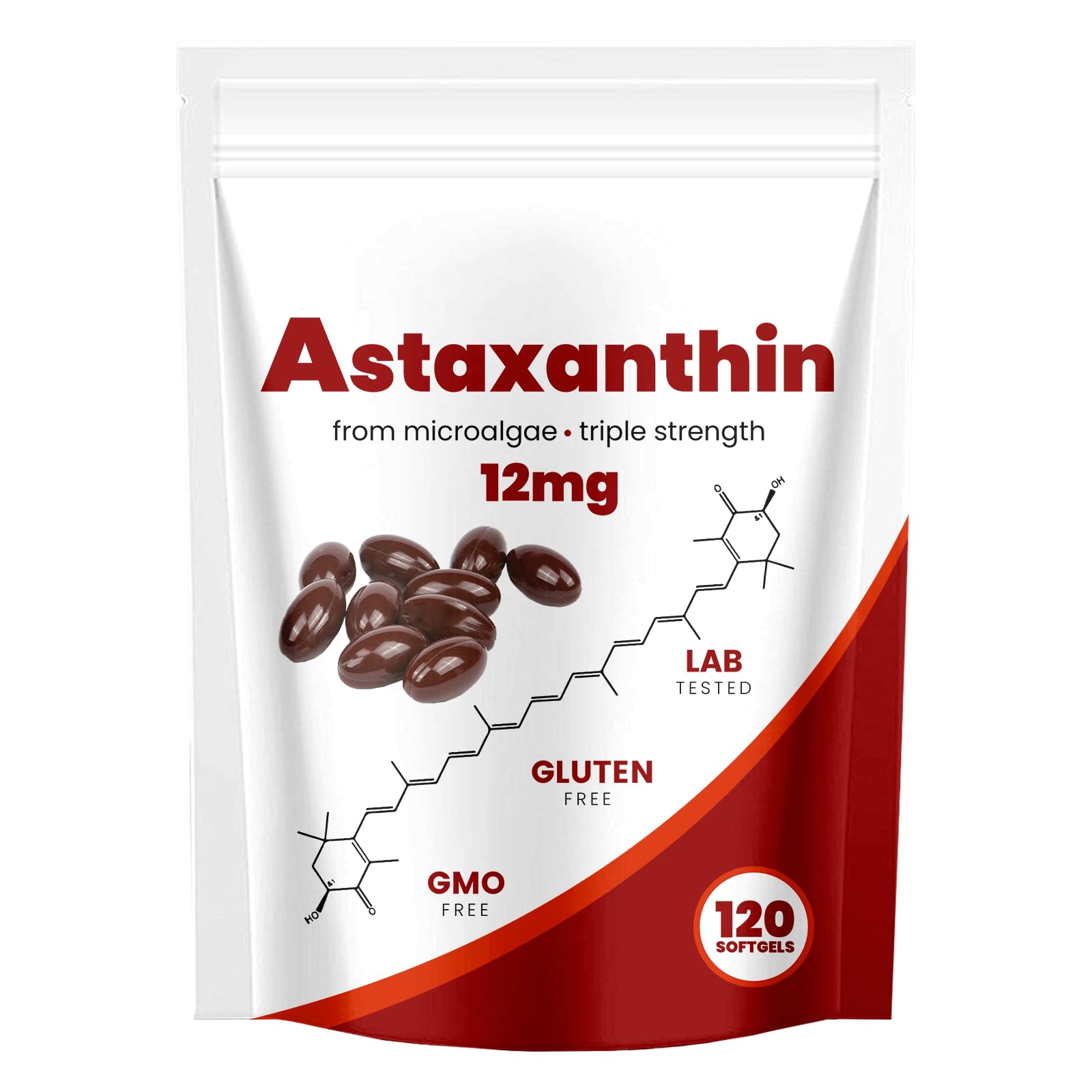 Yoqpoe Astaxanthin 12mg softgel bottle showing antioxidant support for skin and eyes.
