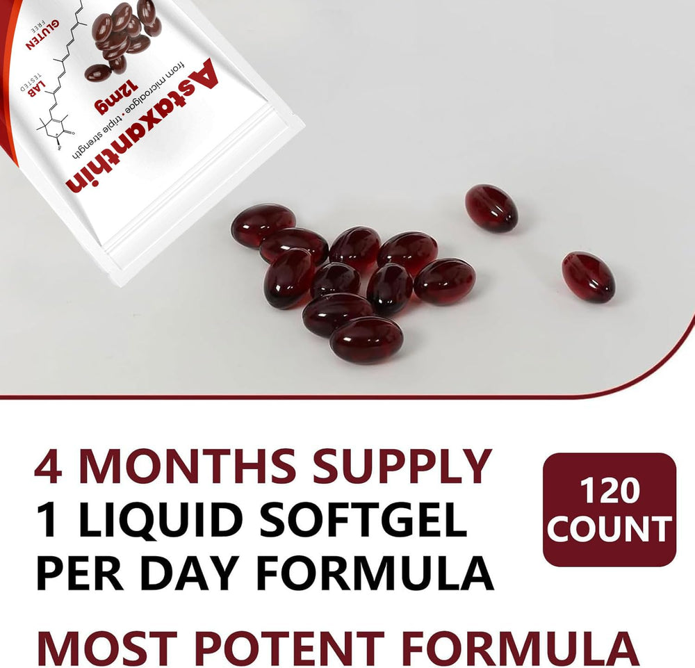 Yoqpoe Astaxanthin 12mg softgel capsules close-up highlighting capsule formula.