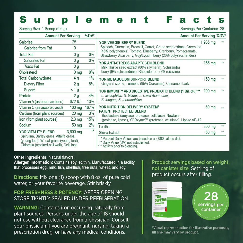 YOR Health SuperGreens daily use setup showing serving and mix