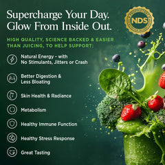 YOR Health SuperGreens glass with peach-mango flavor for easy hydration