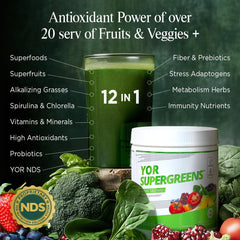 YOR Health SuperGreens tub label with ingredients for vibrant energy