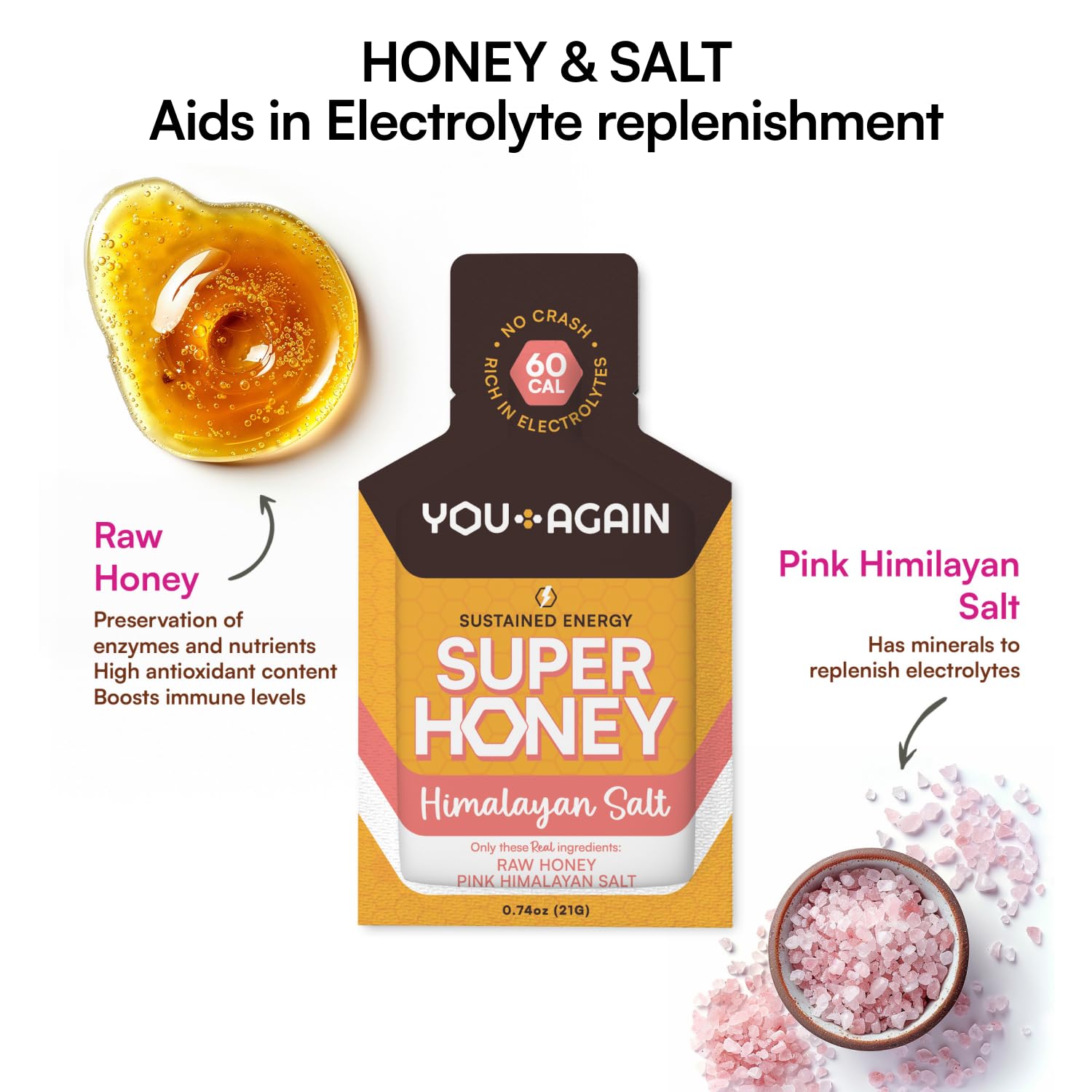 You Again Super Honey gel with Himalayan salt supports electrolyte replenishment during activity.