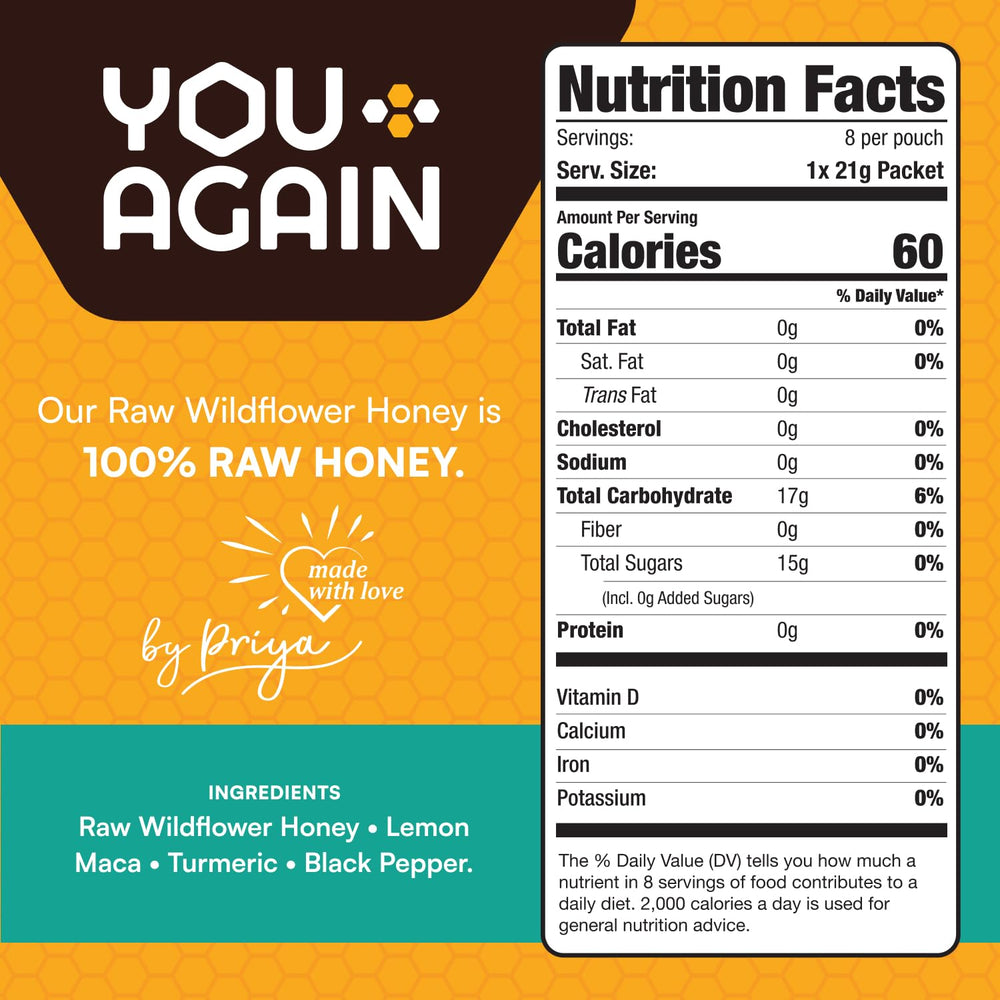 You Again Super Honey Lemon Turmeric packet in hand for on the go fueling.