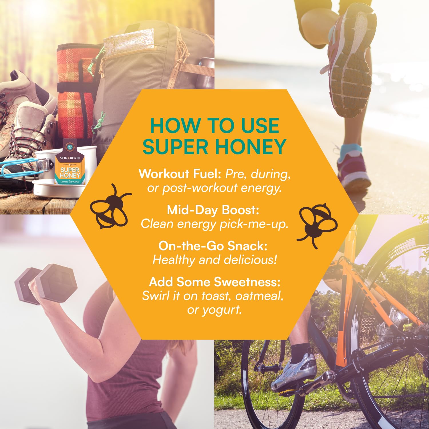 You Again Super Honey Lemon Turmeric packet on a running belt for quick pick up.