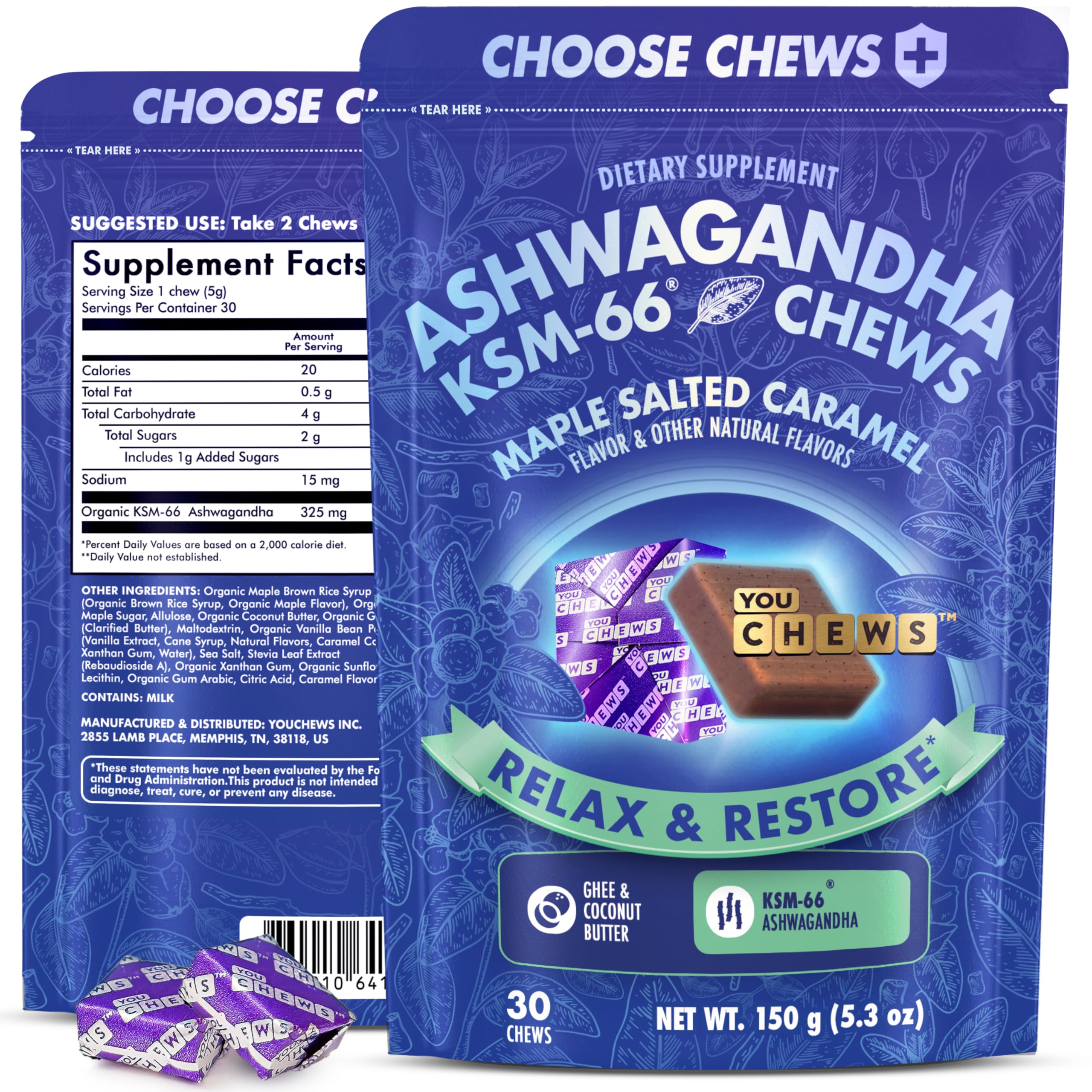 YouChews Ashwagandha chews pack-open showing maple caramel