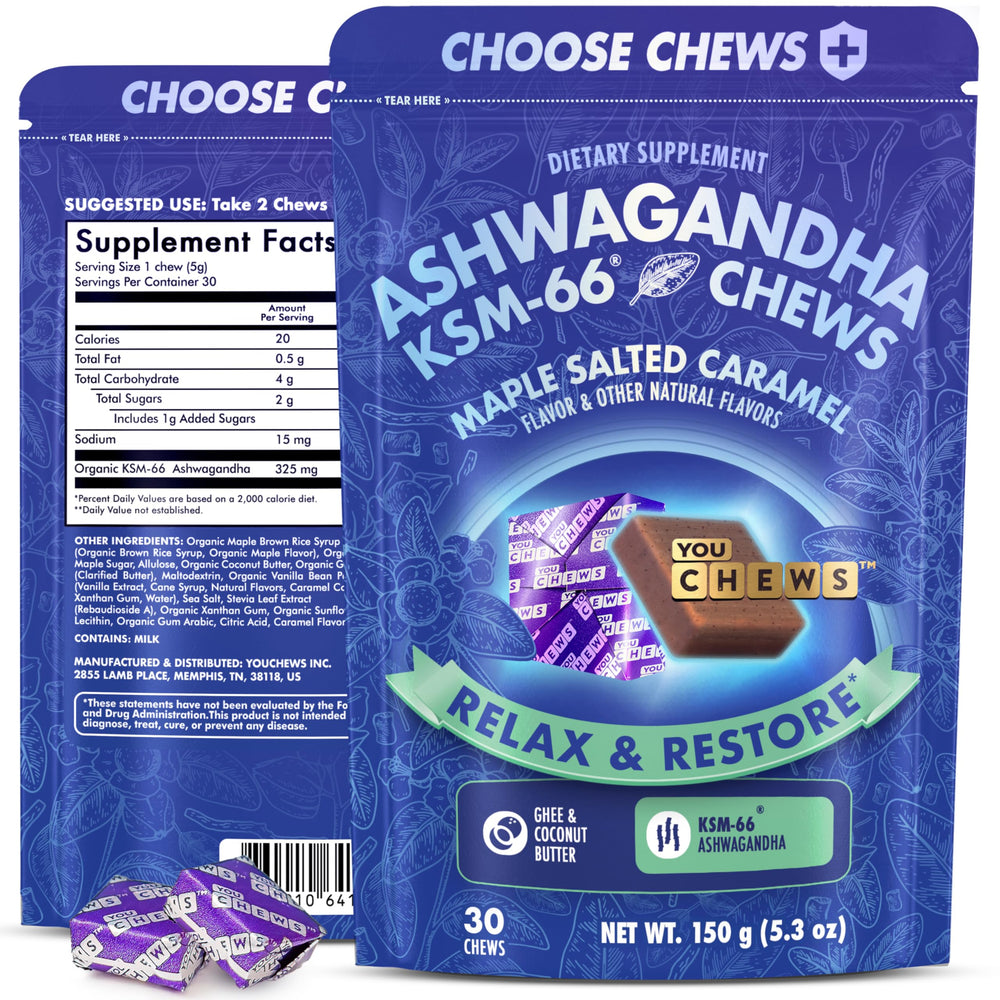 YouChews Ashwagandha chews pack-open showing maple caramel