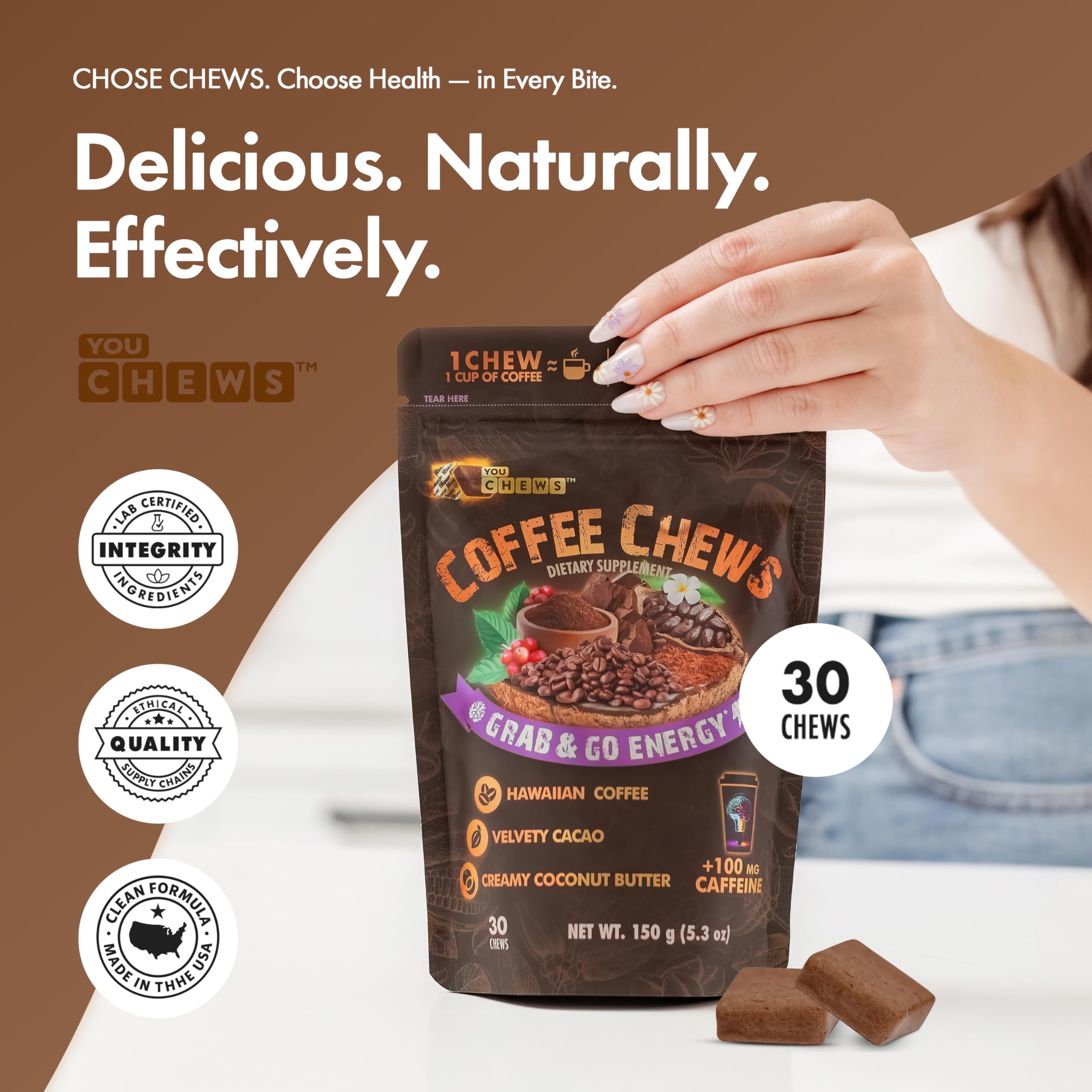 YouChews Coffee Chews caffeine sources include guarana and Kona coffee for clean energy.