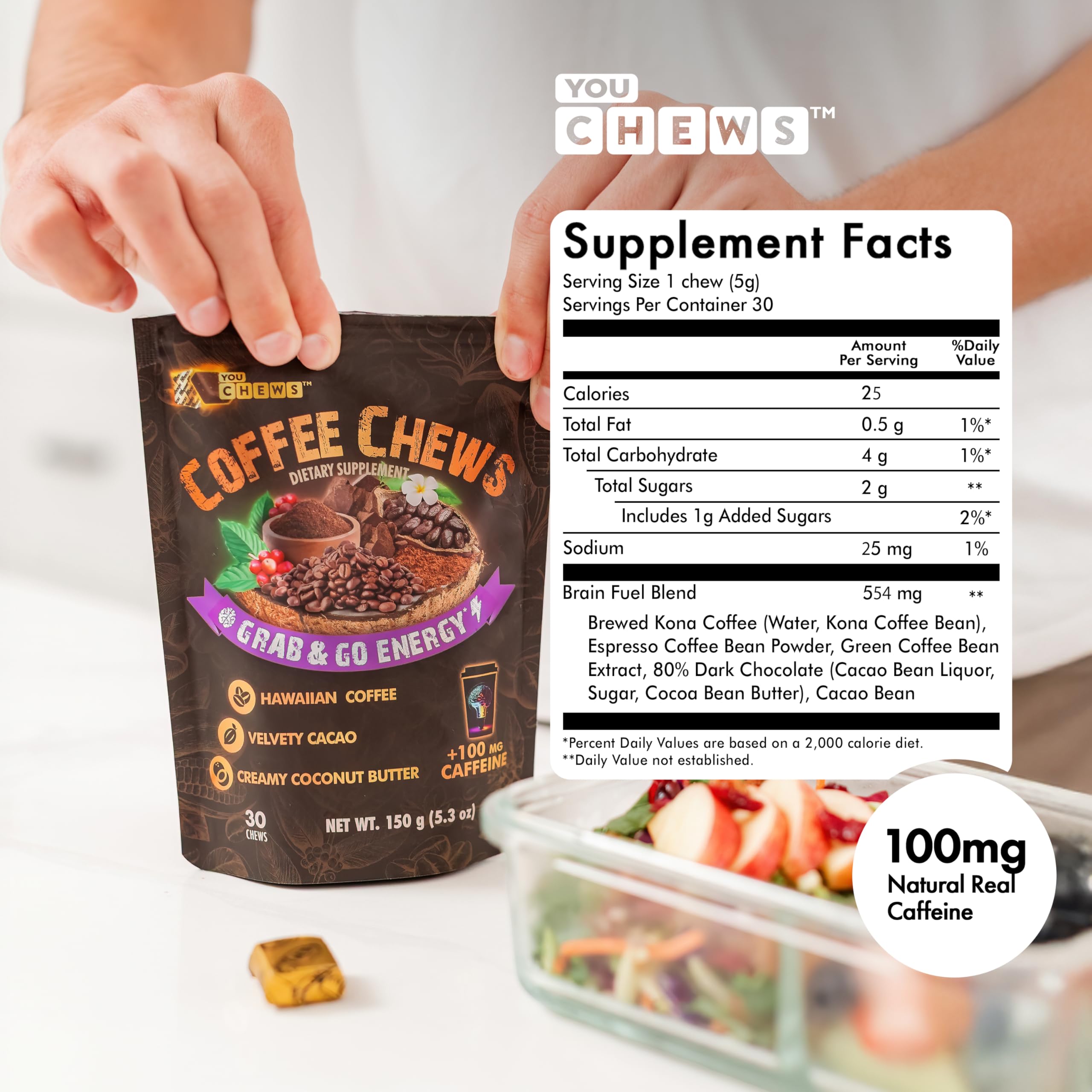 YouChews Coffee Chews close-up texture shows a soft, easy-to-chew bite for quick energy.