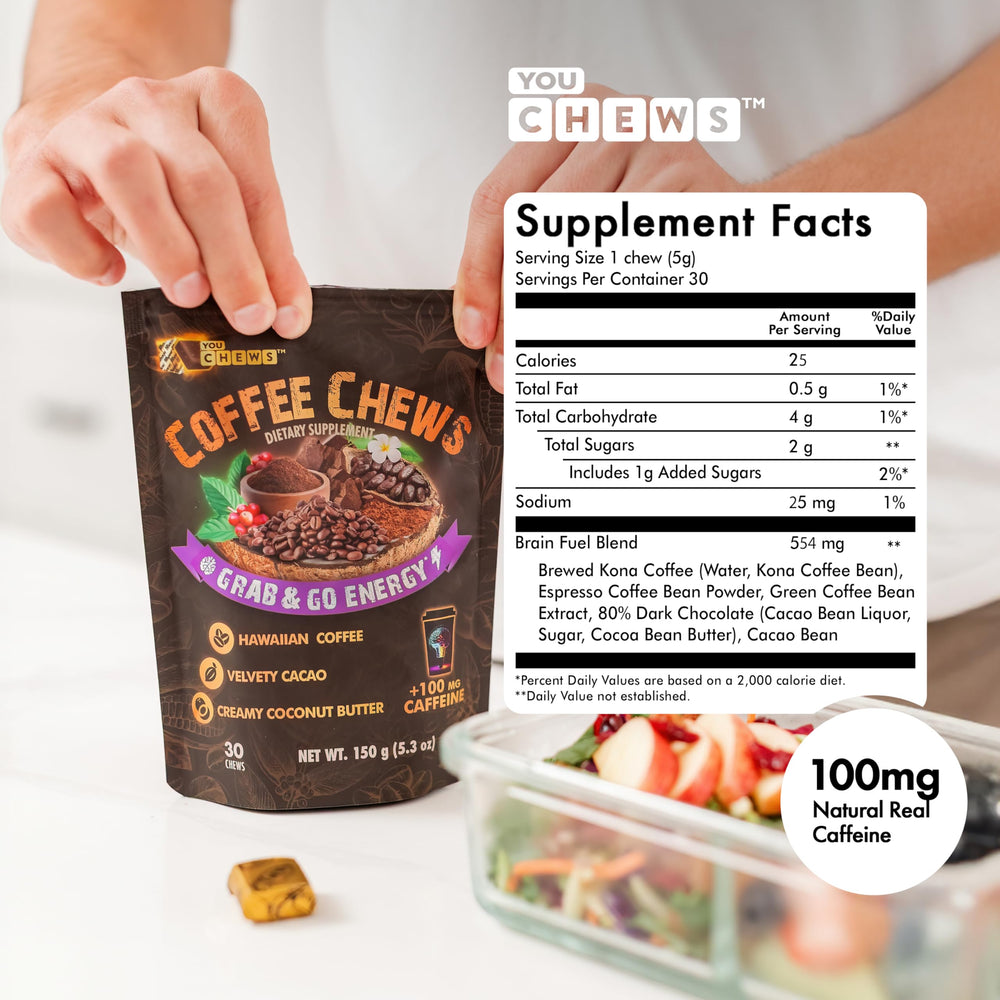 YouChews Coffee Chews close-up texture shows a soft, easy-to-chew bite for quick energy.