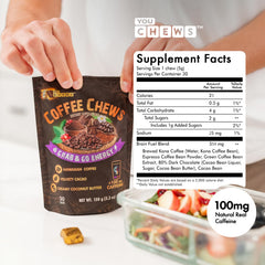YouChews Coffee Chews close-up texture shows a soft, easy-to-chew bite for quick energy.