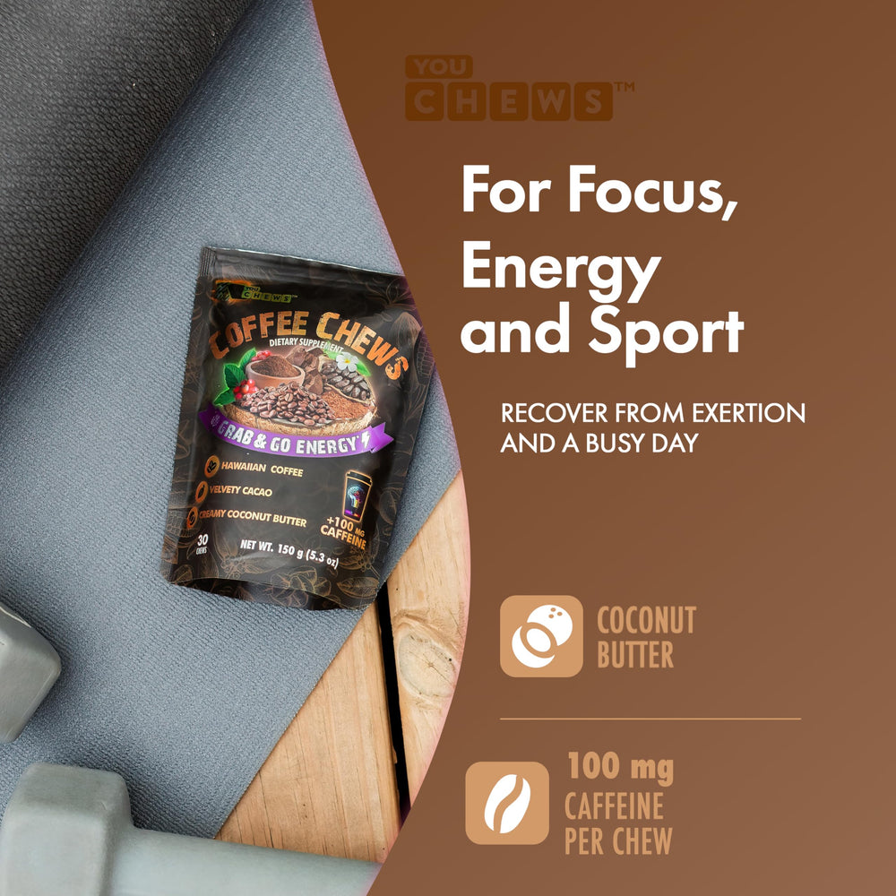 YouChews Coffee Chews on-the-go image shows easy energy during commutes and workouts.