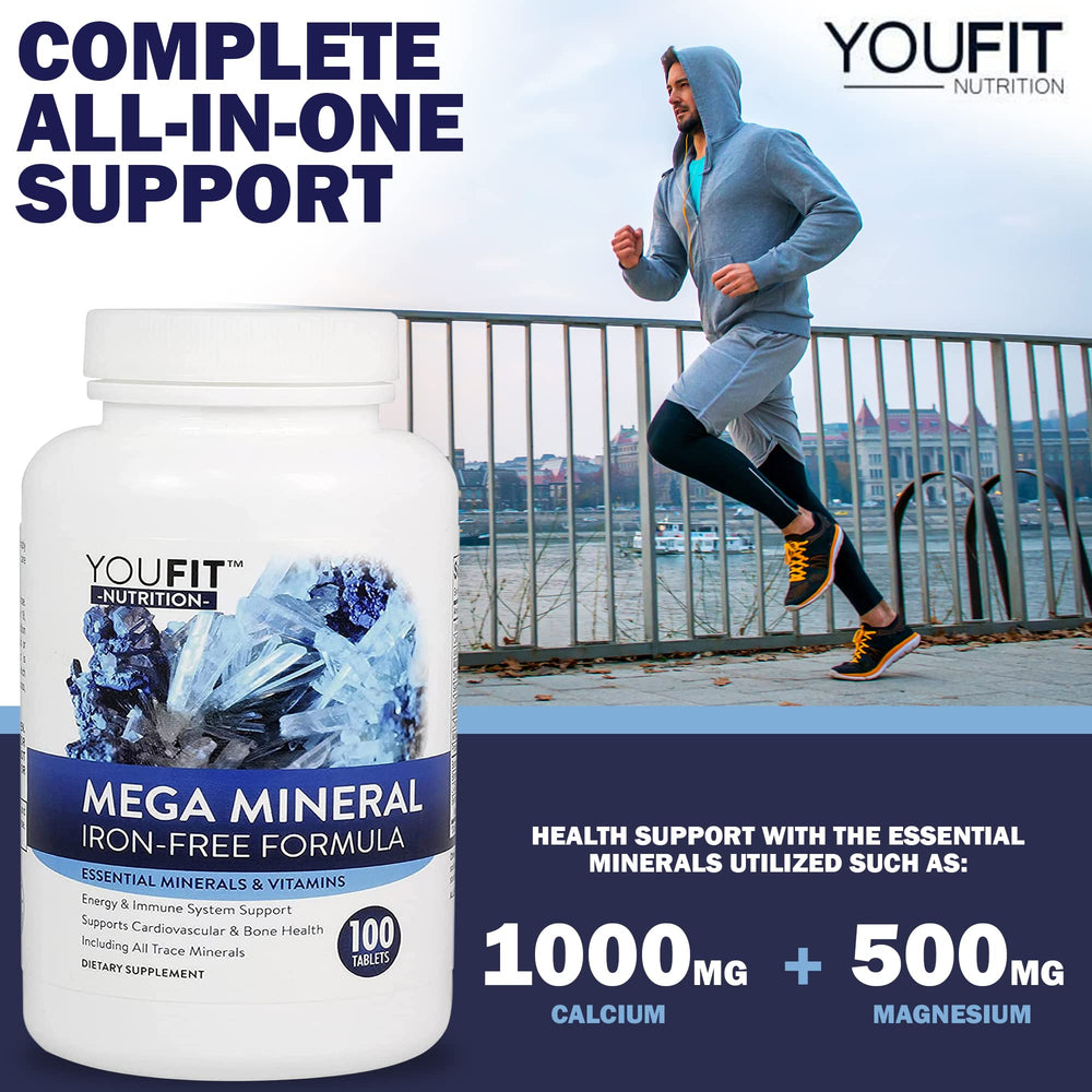Close-up of YouFit Mega Minerals label reveals 1000mg calcium and 500mg magnesium for balance.
