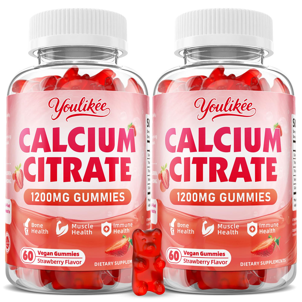Youlikee Calcium Citrate Gummies bottle pour showing 1200 mg for bone health.