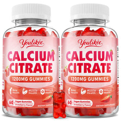 Youlikee Calcium Citrate Gummies bottle pour showing 1200 mg for bone health.