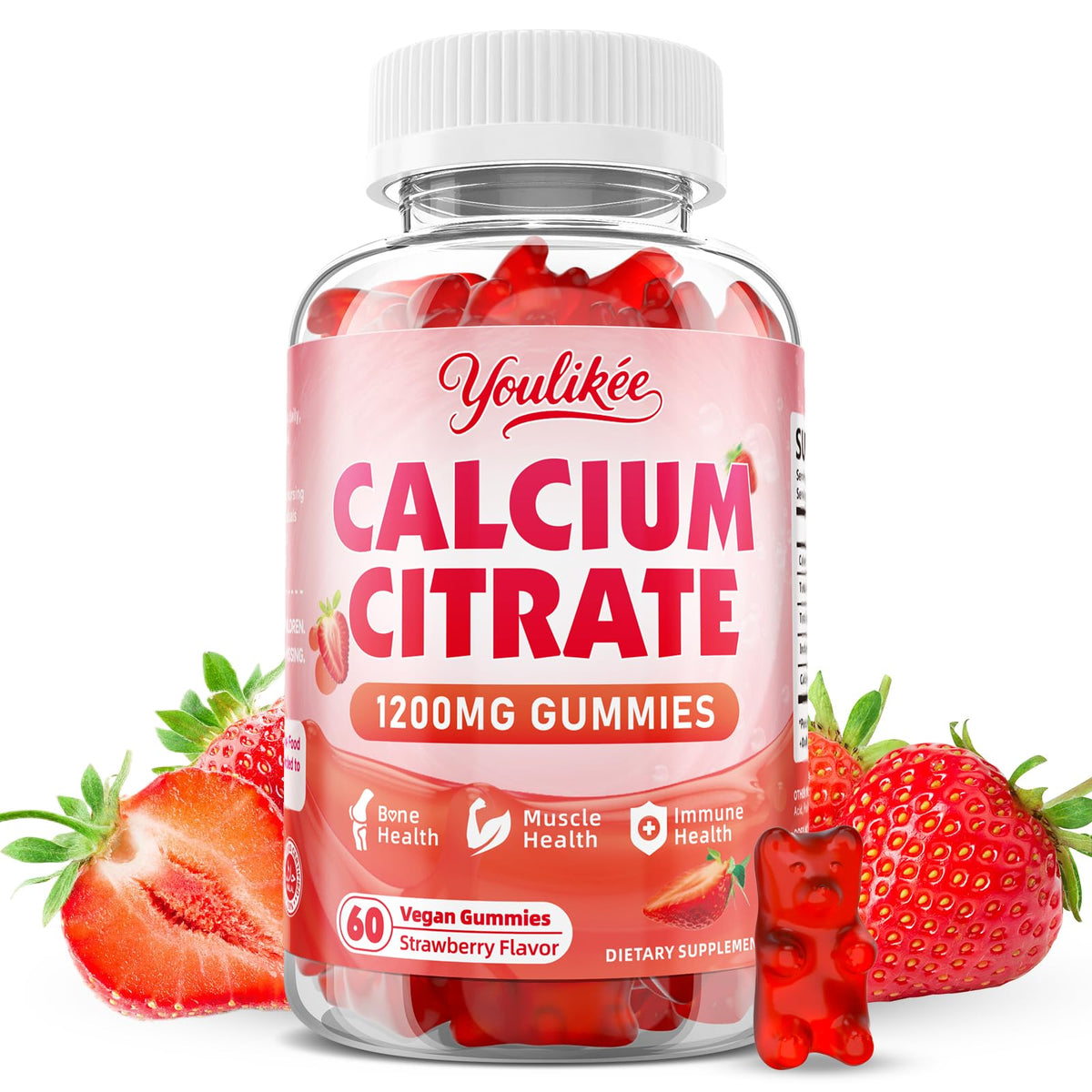Youlikee calcium citrate gummies bottle showing 60-count container for easy daily calcium intake.