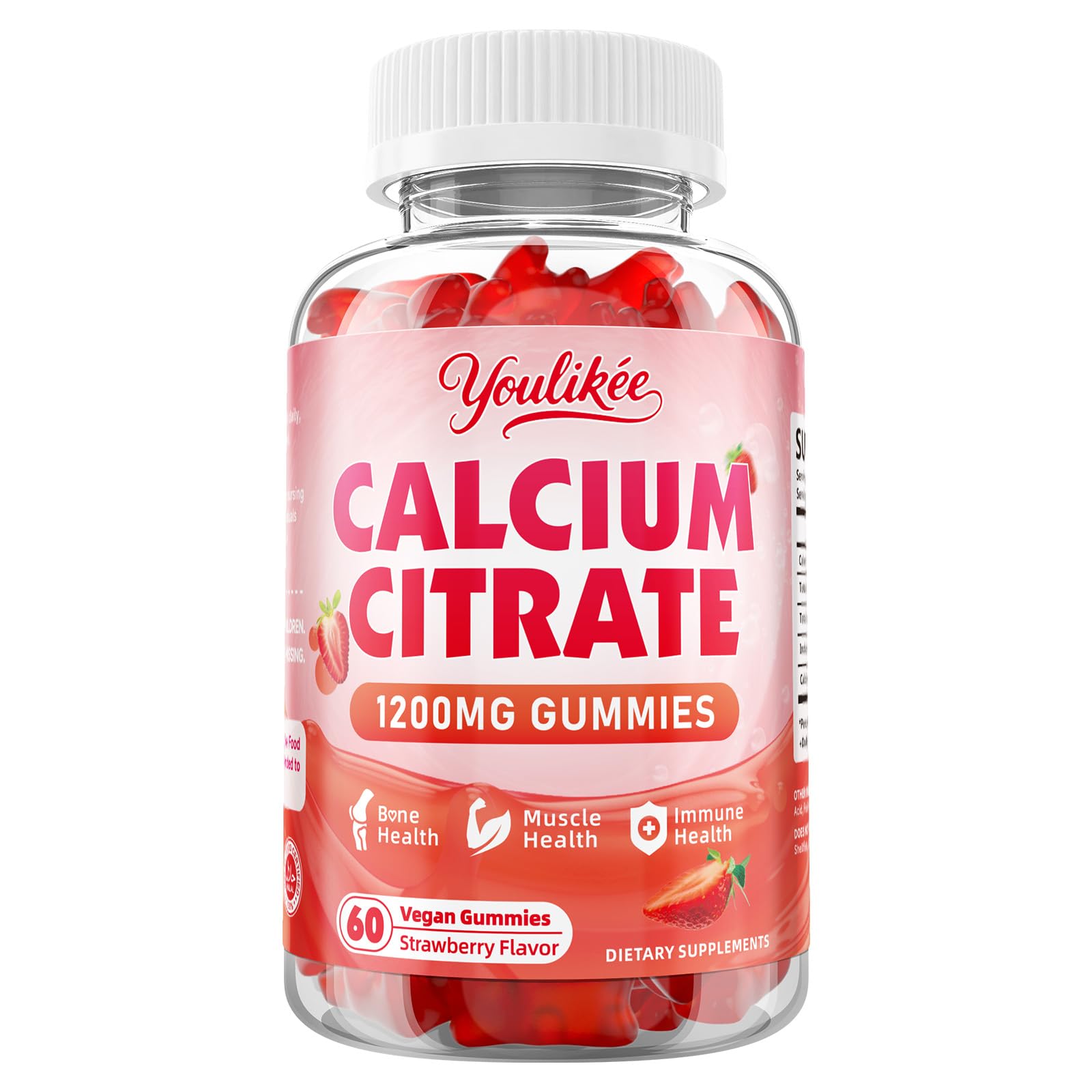 Youlikee gummy texture close-up shows chewy strawberry calcium bite.