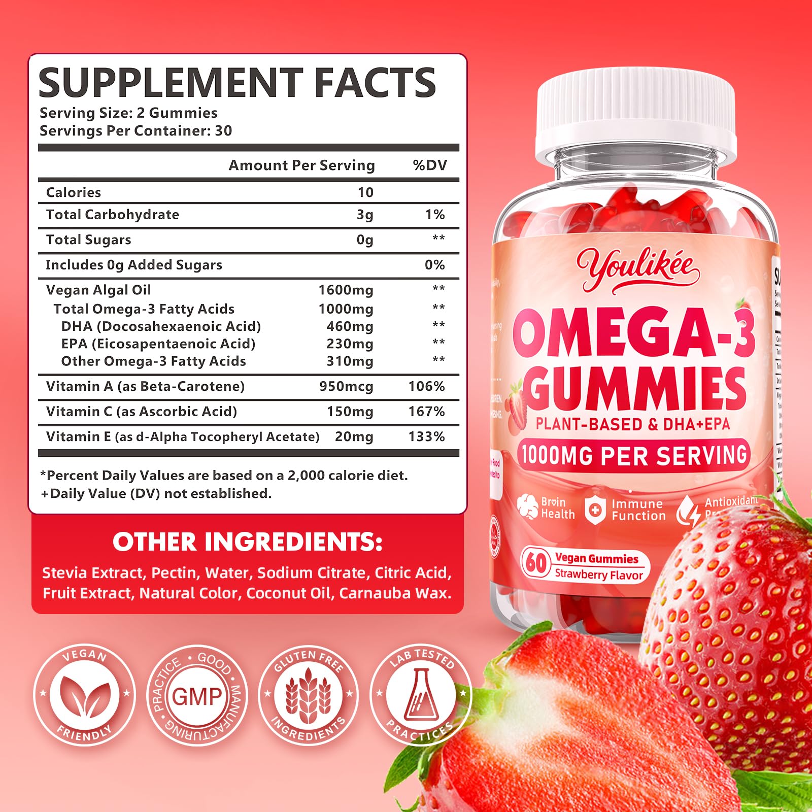 Youlikee vegan omega-3 gummies closeup showing soft texture and strawberry flavor for daily use.
