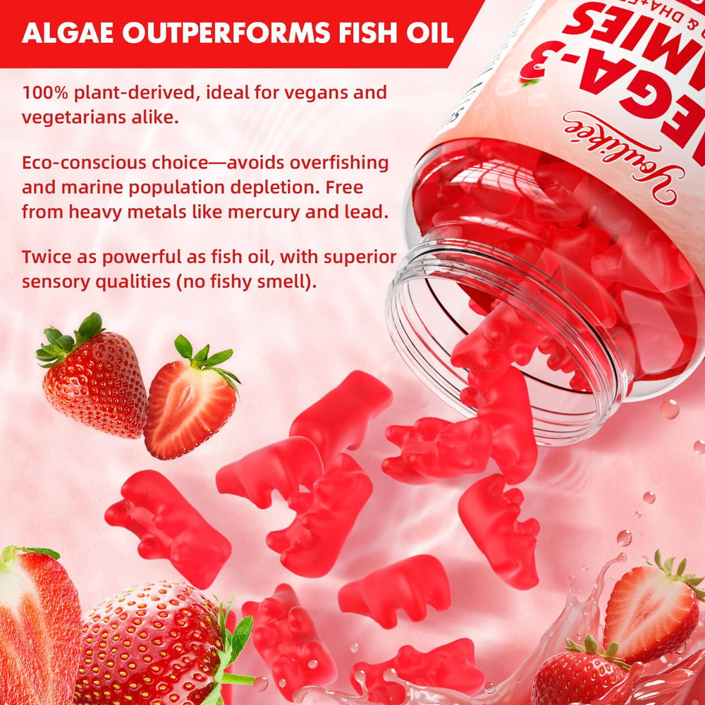 Youlikee vegan omega-3 gummies ratio graphic showing DHA to EPA at 2:1.