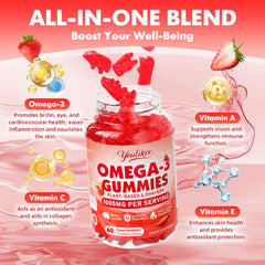 Youlikee vegan omega-3 gummies nutrition facts panel highlighting algae-based DHA and EPA.
