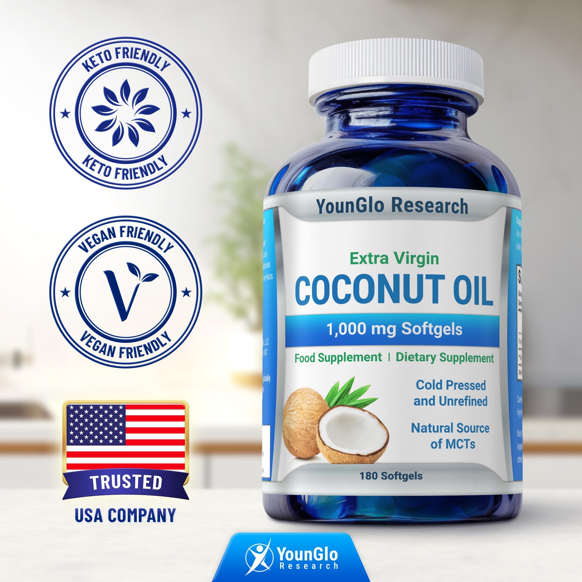 YounGlo Research Coconut Oil bottle-pour illustrates versatile use in meals or supplements