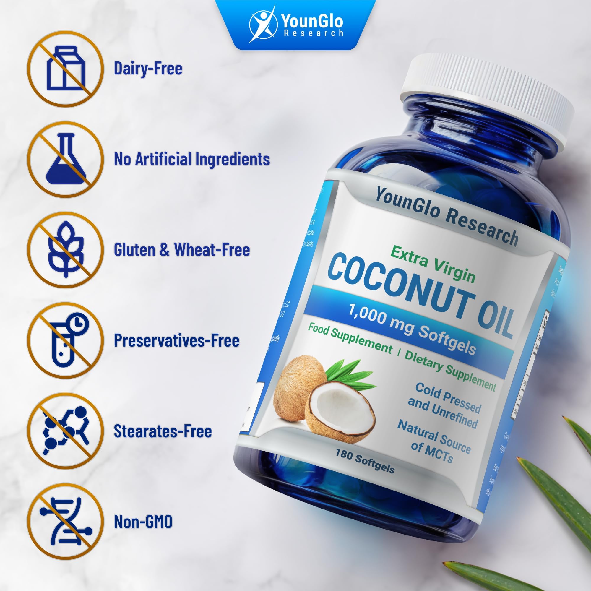 YounGlo Research Coconut Oil pack-box highlights non-GMO, dairy-free ingredients for clean daily use
