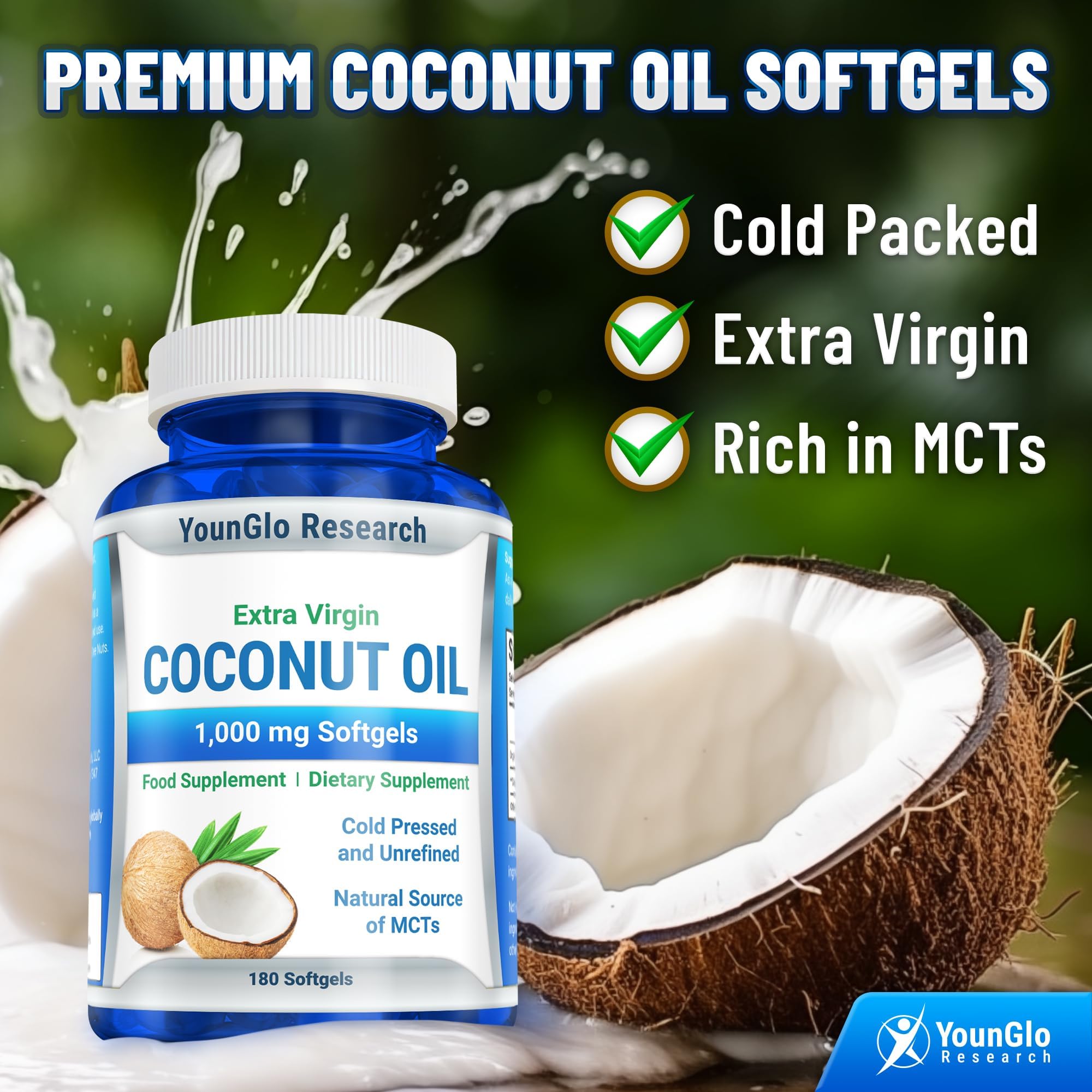 YounGlo Research Coconut Oil softgels-closeup highlights vegan capsules for hair and skin support