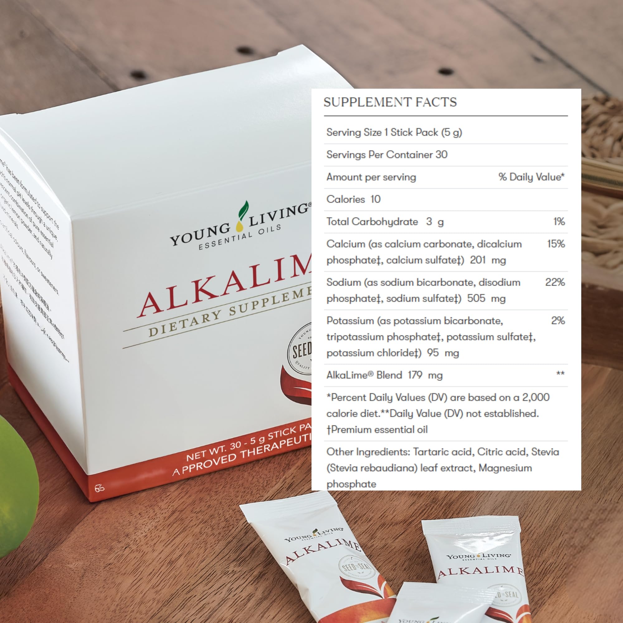 Young Living AlkaLime pack neatly stored in a kitchen drawer.