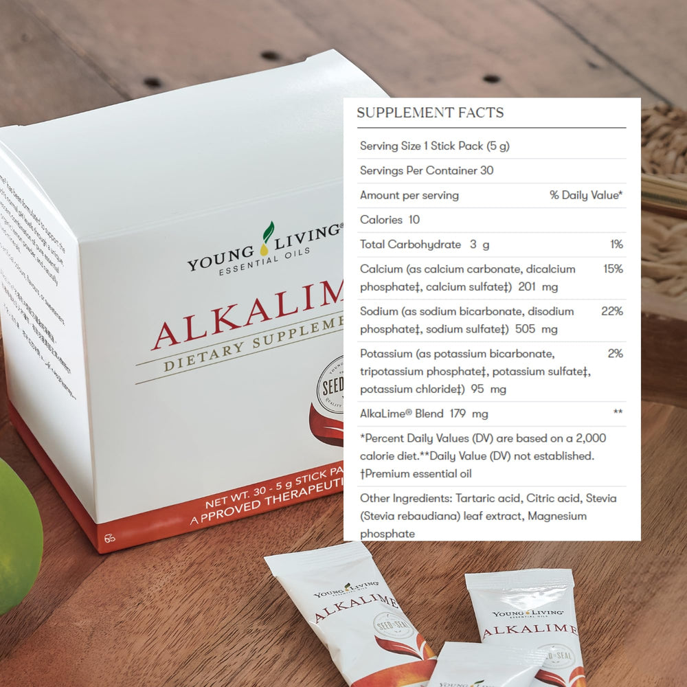 Young Living AlkaLime pack neatly stored in a kitchen drawer.