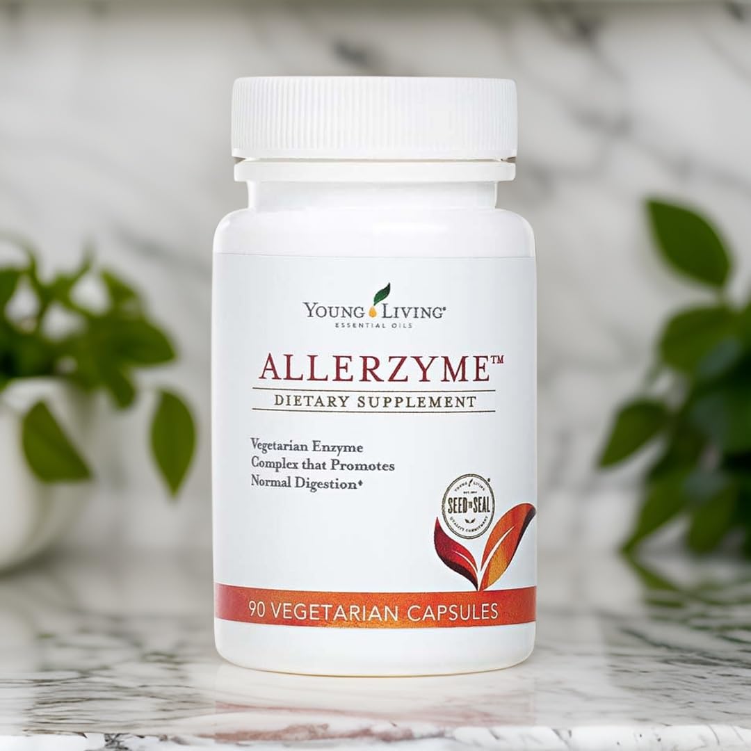 Allerzyme capsules closeup showing plant-based enzymes designed for digestion after meals.