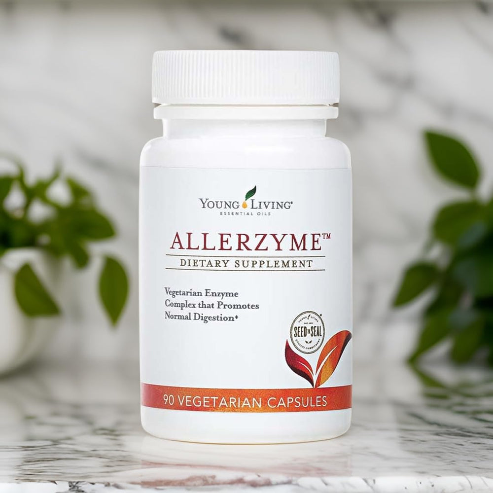 Allerzyme capsules closeup showing plant-based enzymes designed for digestion after meals.
