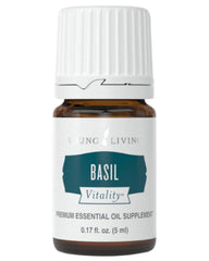 Young Living Basil Vitality 5ml bottle offers fresh herb aroma for dressings and sauces.