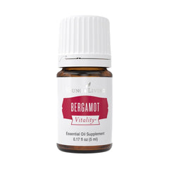 Young Living Bergamot Vitality 5ml bottle close-up highlighting citrus flavor for recipes.