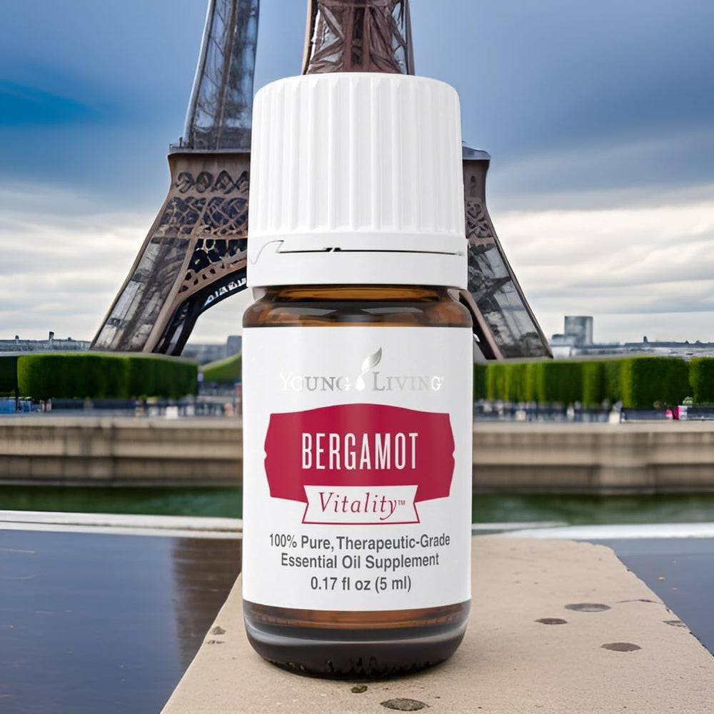 Young Living Bergamot Vitality label close-up for culinary use in recipes.