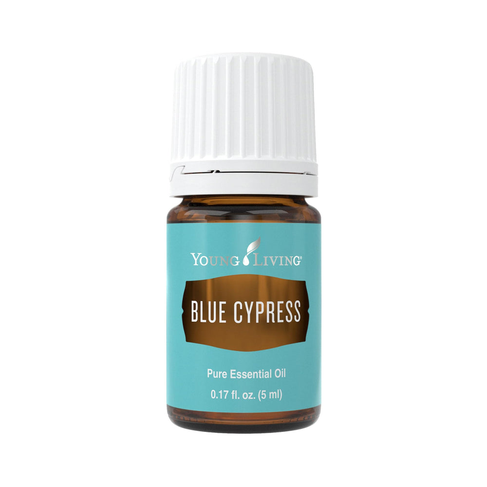 Young Living Blue Cypress bottle close-up for soothing skin and gentle aroma