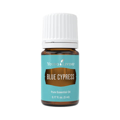 Young Living Blue Cypress bottle close-up for soothing skin and gentle aroma