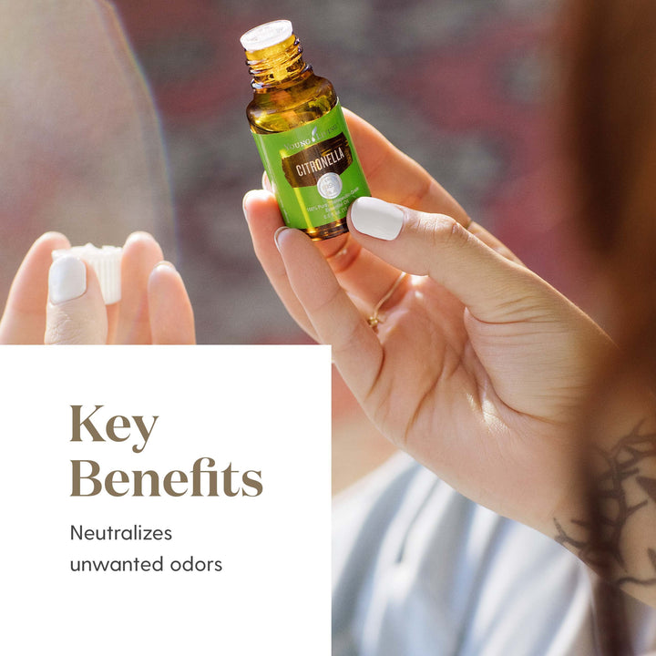 Young Living citronella with lemongrass and cedarwood notes for refreshing outdoor spray.
