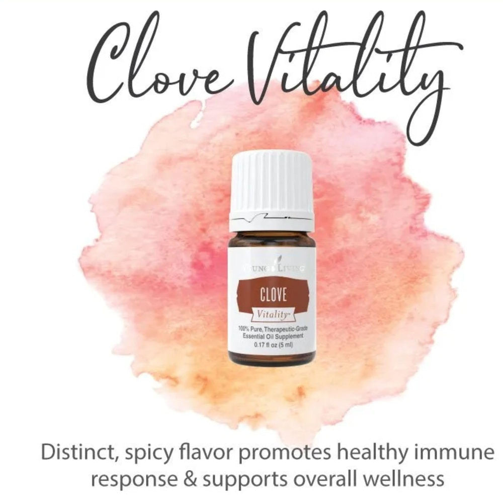 Clove Vitality bottle closeup highlighting bold aroma.
