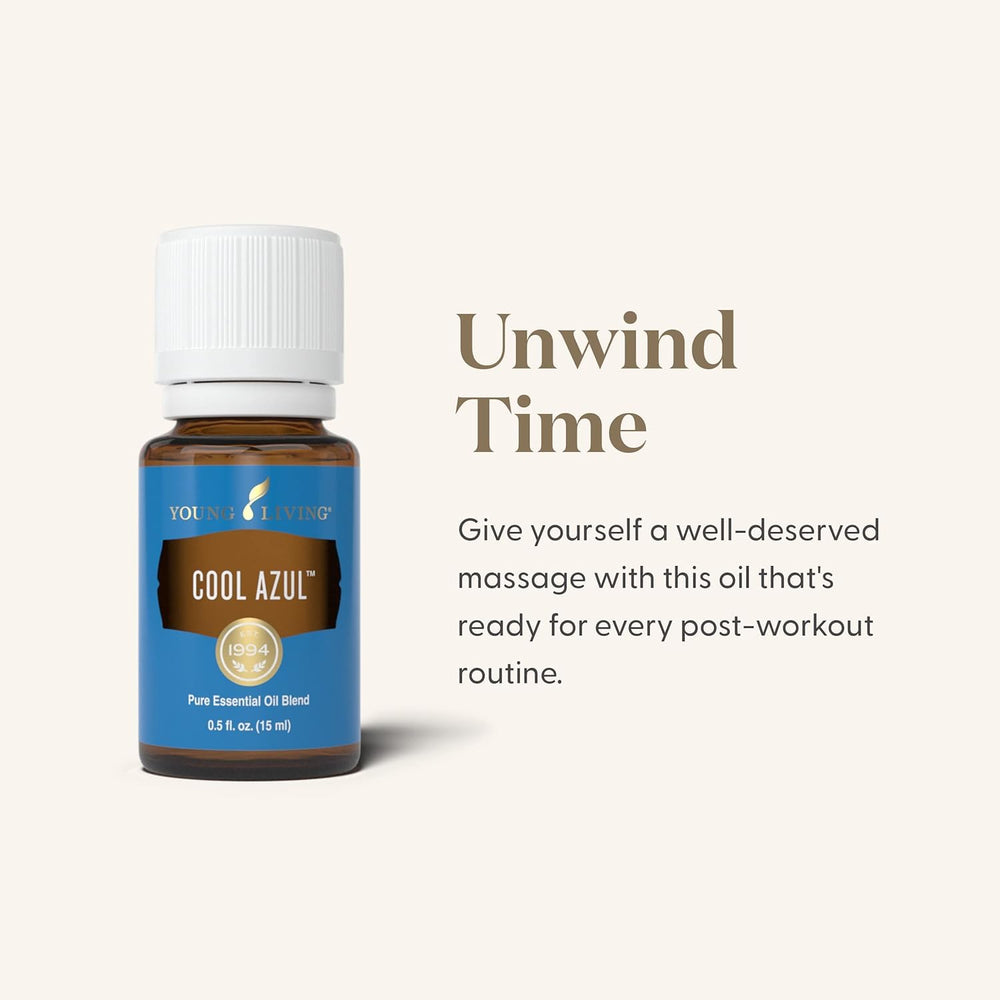 Young Living Cool Azul bottle closeup highlights premium ingredients and purity.
