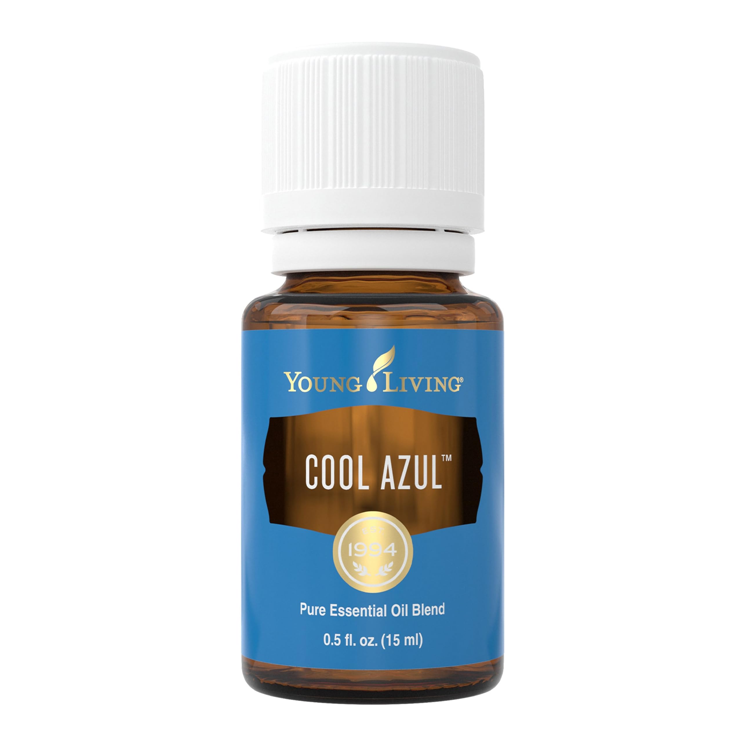 Young Living Cool Azul bottle pour supports refreshing aromatherapy sessions.