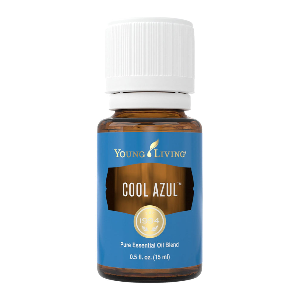 Young Living Cool Azul bottle pour supports refreshing aromatherapy sessions.