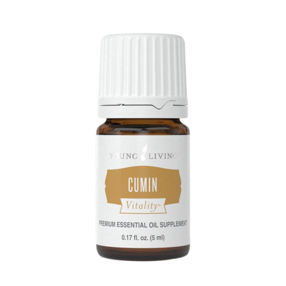 Young Living Cumin Vitality bottle close-up for culinary flavor enhancement.