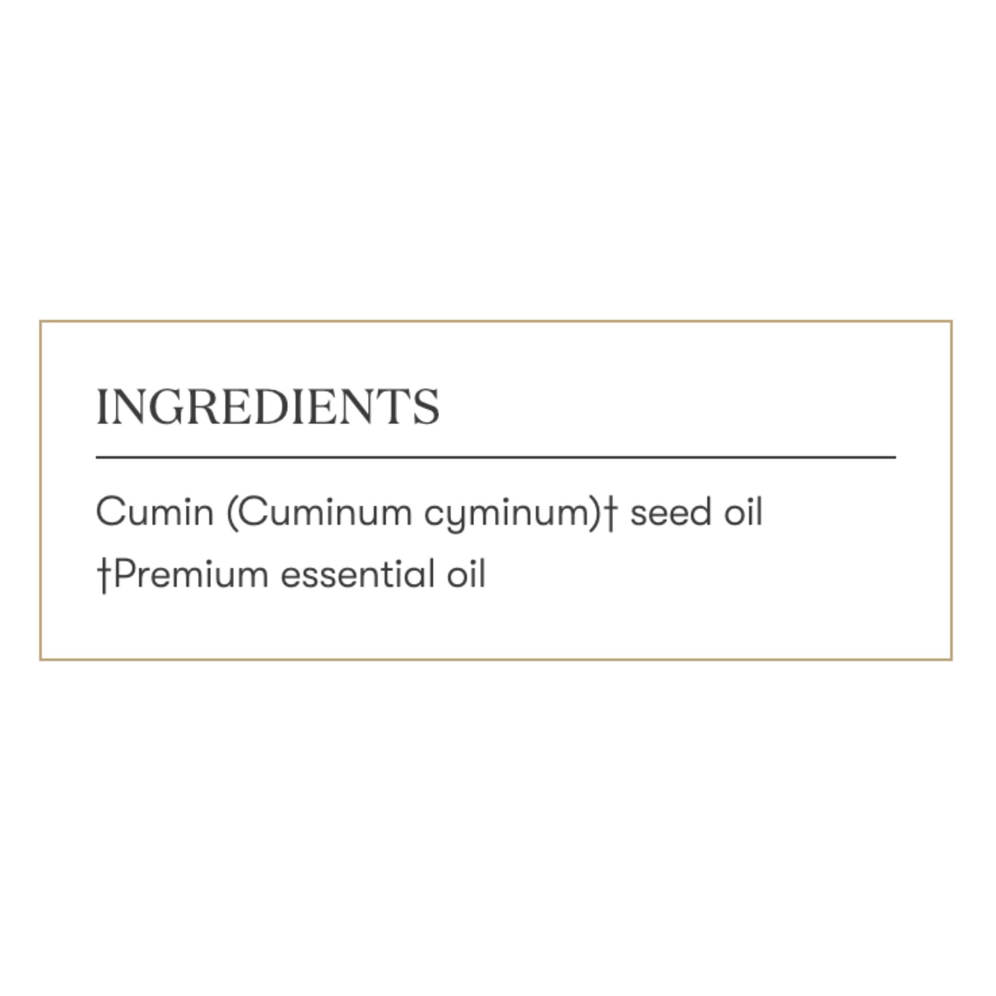 Young Living Cumin Vitality bottle beside a steaming cup suggesting infusion ideas.