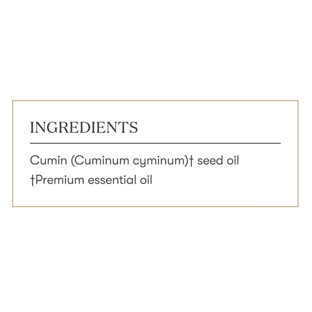 Young Living Cumin Vitality bottle beside a steaming cup suggesting infusion ideas.