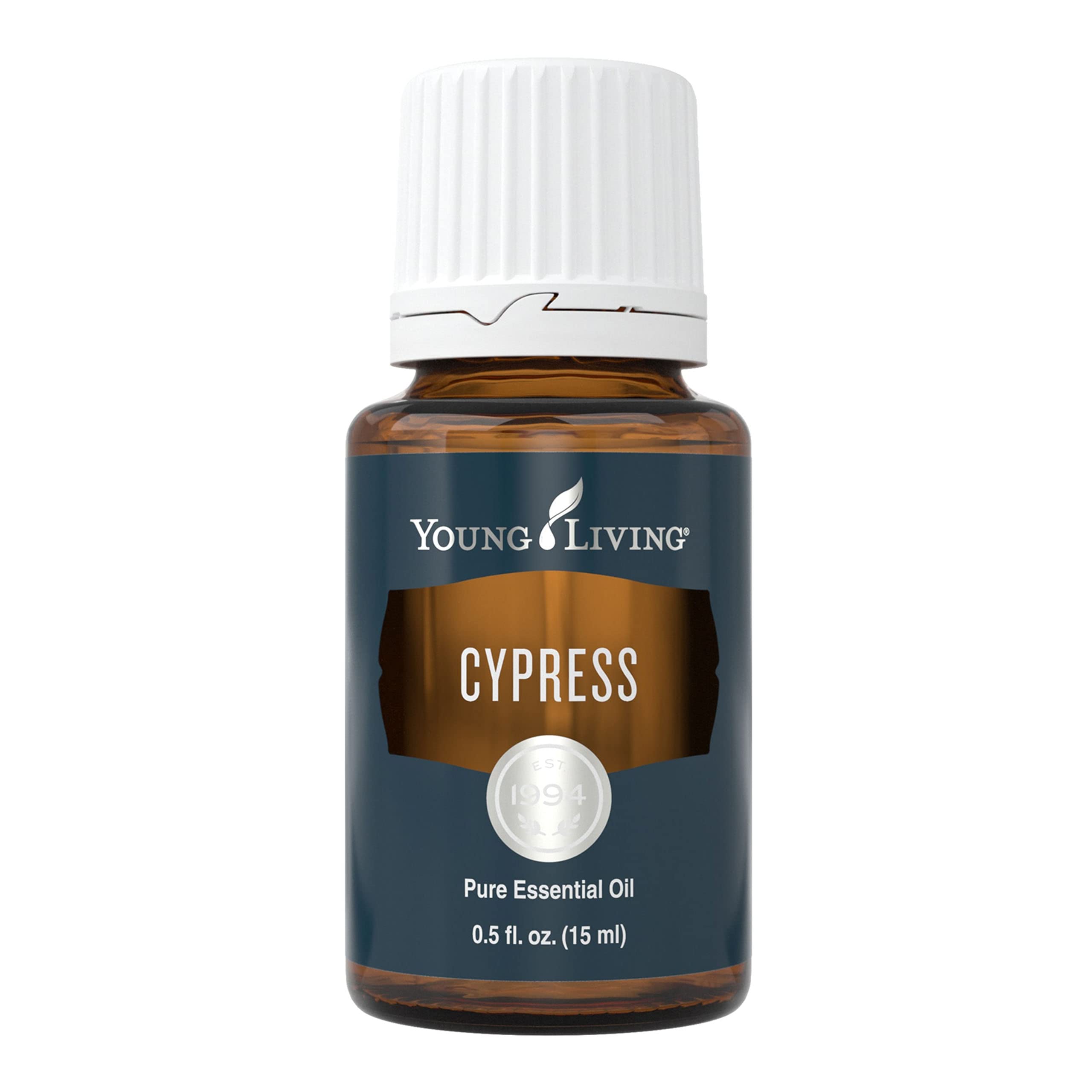 Young Living Cypress 15ml bottle close-up for calming aromatherapy.