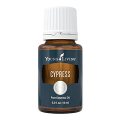 Young Living Cypress 15ml bottle close-up for calming aromatherapy.