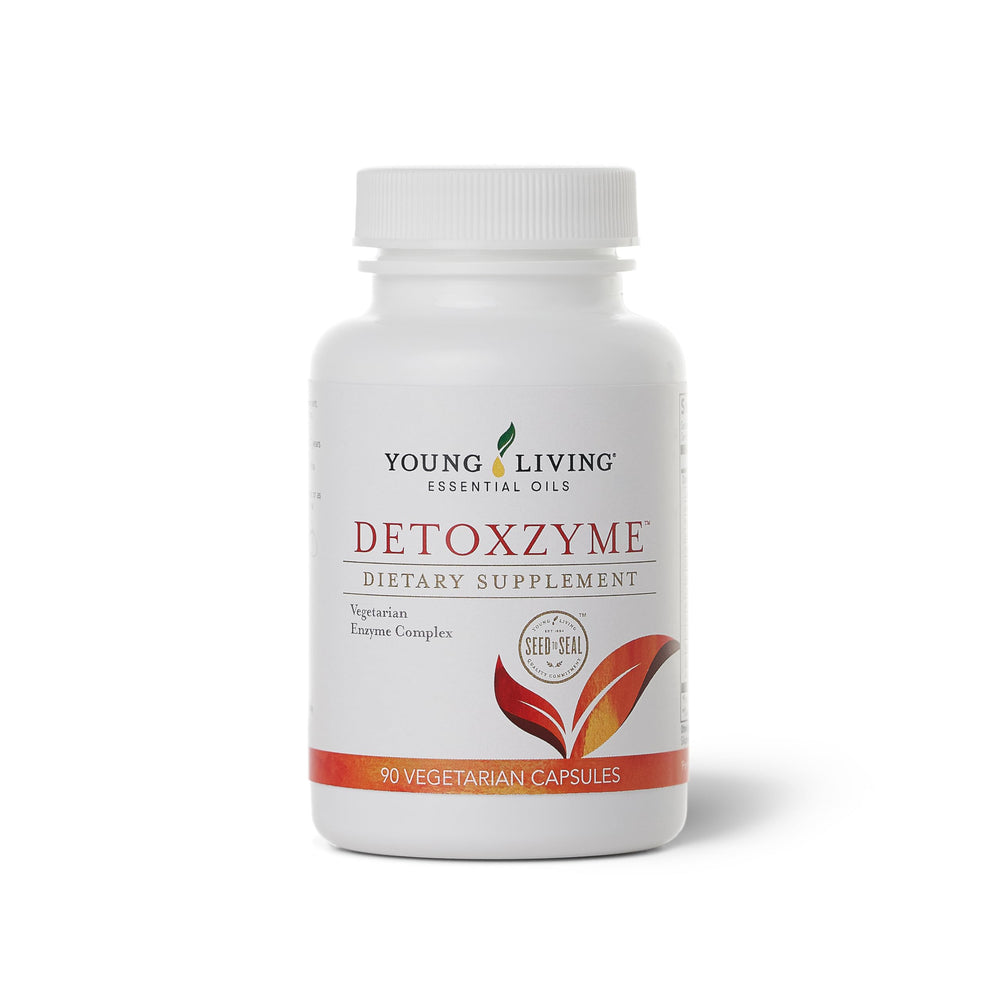 Young Living Detoxzyme bottle front for easy digestion support and daily wellness.