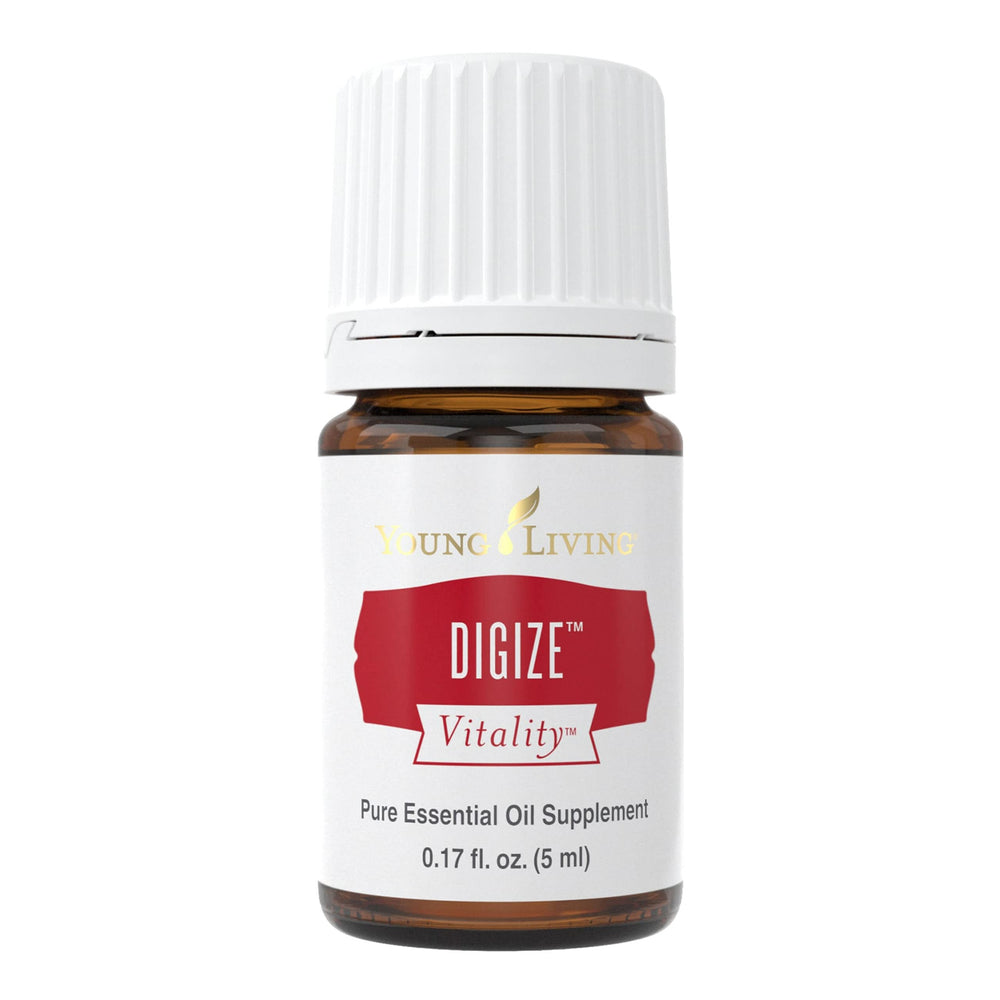 Close-up of the Young Living Digize bottle label signaling digestive balance potential.