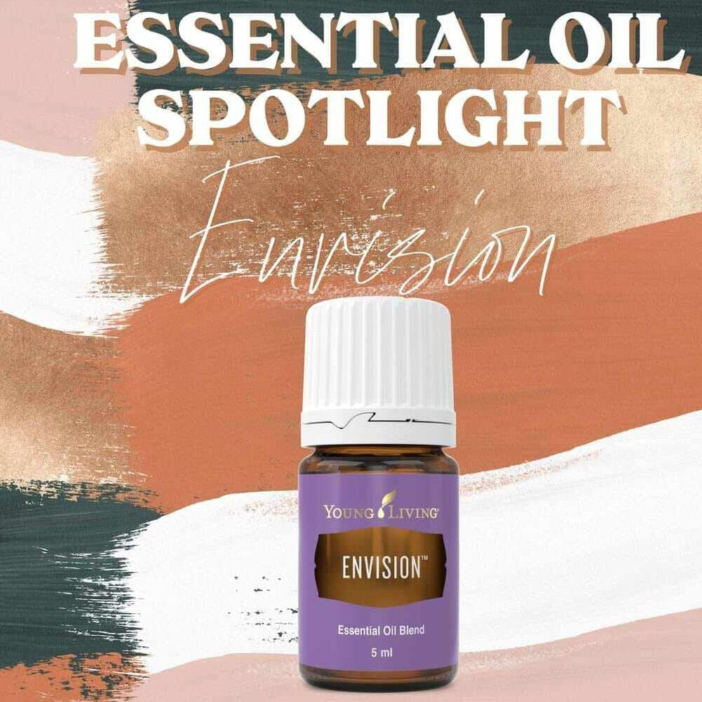 Young Living Envision label closeup highlights calm notes for daily mindfulness.